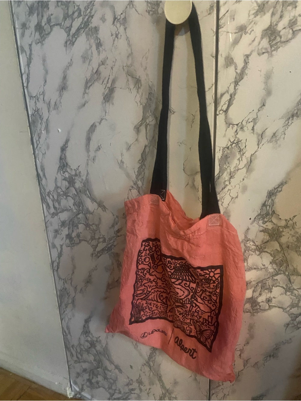 Lexus Cotton Tote Bag with Black Graphic Print - Coral